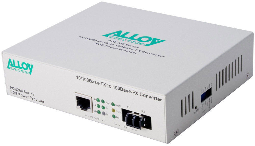 Alloy POE200LC 10/100Base-TX to 100Base-FX Multimode Fibre (LC) Converter, provides PoE power (RJ-45). 2km Alloy POE200LC 10/100Base-TX to 100Base-FX Multimode Fibre (LC) Converter, provides PoE power (RJ-45). 2km